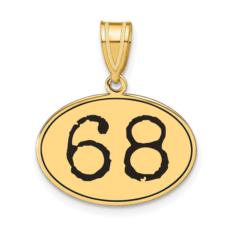 14K Gelbgold Polierter Ovaler Anhänger Nummer 68 mit schwarzer Emaille