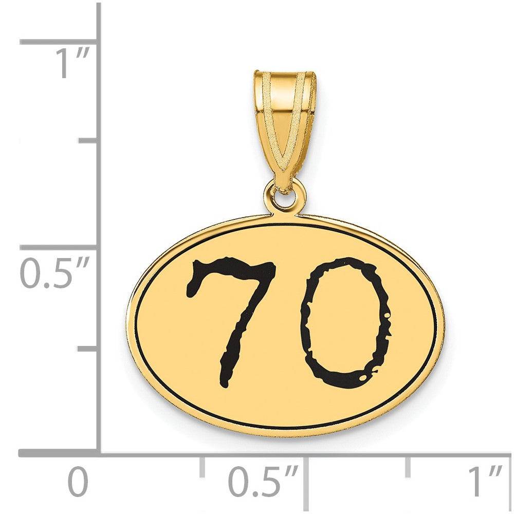 14K Gelbgold Polierter Anhänger Oval mit Zahl 70 in schwarzer Emaille