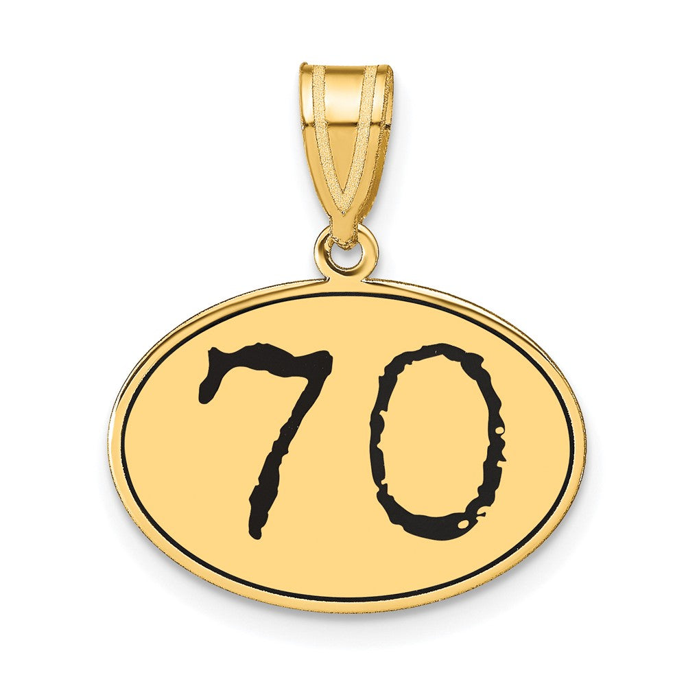 14K Gelbgold Polierter Anhänger Oval mit Zahl 70 in schwarzer Emaille