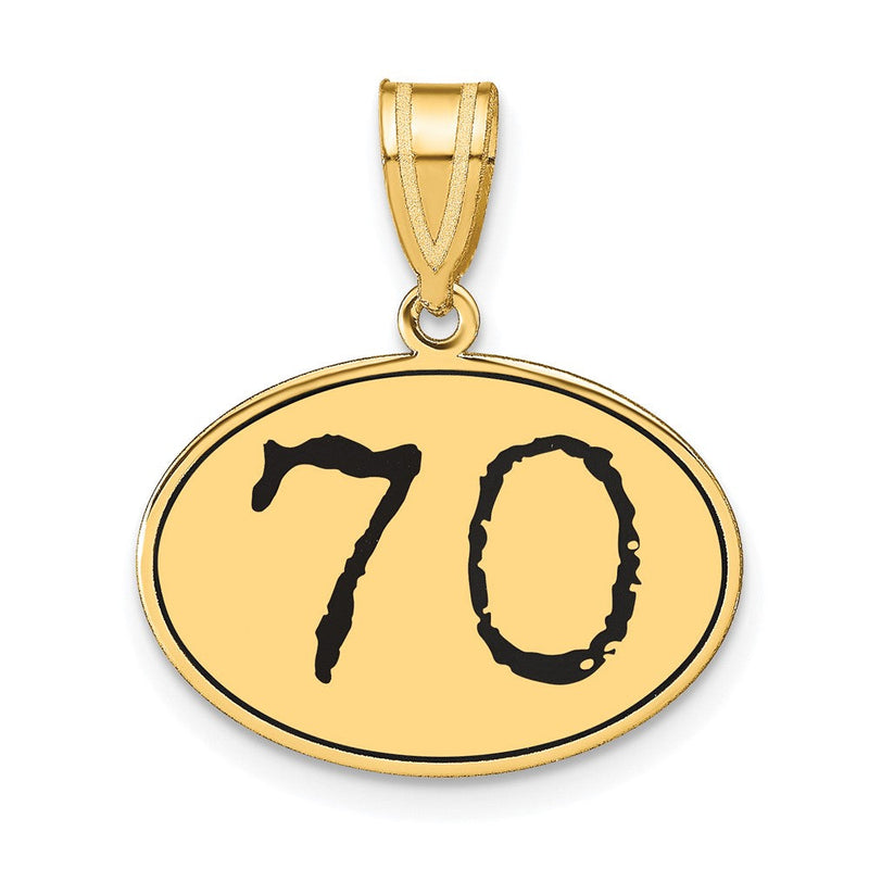 14K Gelbgold Polierter Anhänger Oval mit Zahl 70 in schwarzer Emaille
