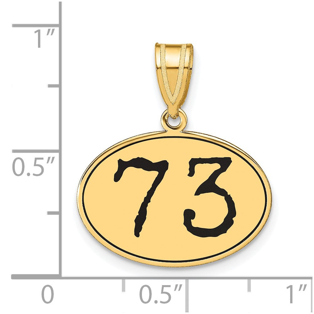 14K Gelbgold Polierter Anhänger Oval Nummer 73 mit Schwarzer Emaille