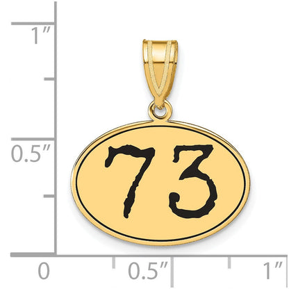 14K Gelbgold Polierter Anhänger Oval Nummer 73 mit Schwarzer Emaille