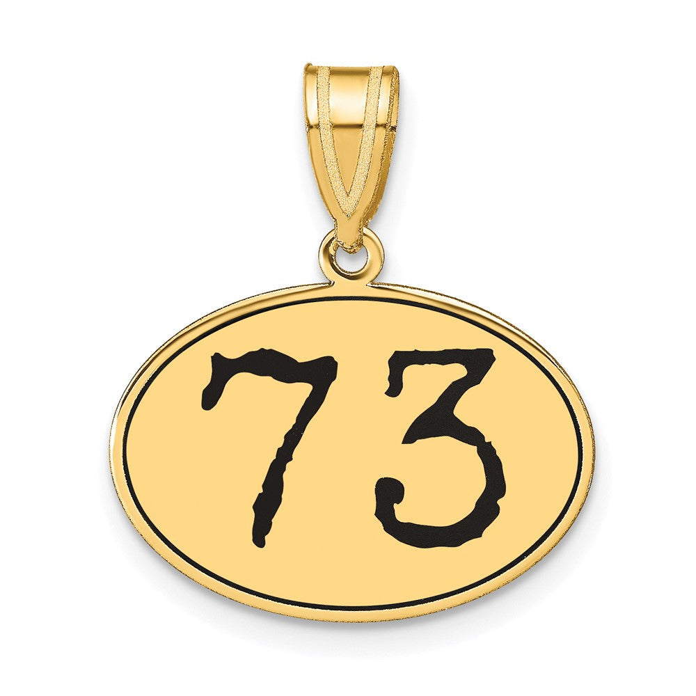 14K Gelbgold Polierter Anhänger Oval Nummer 73 mit Schwarzer Emaille