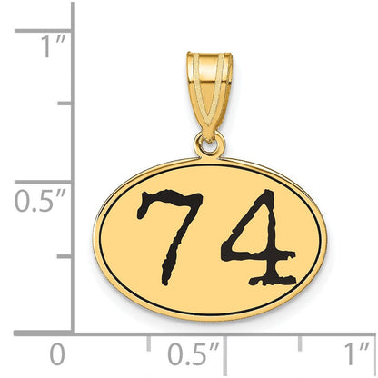 14K Gelbgold Polierter Anhänger Zahl 74 mit schwarzer Emaille, oval