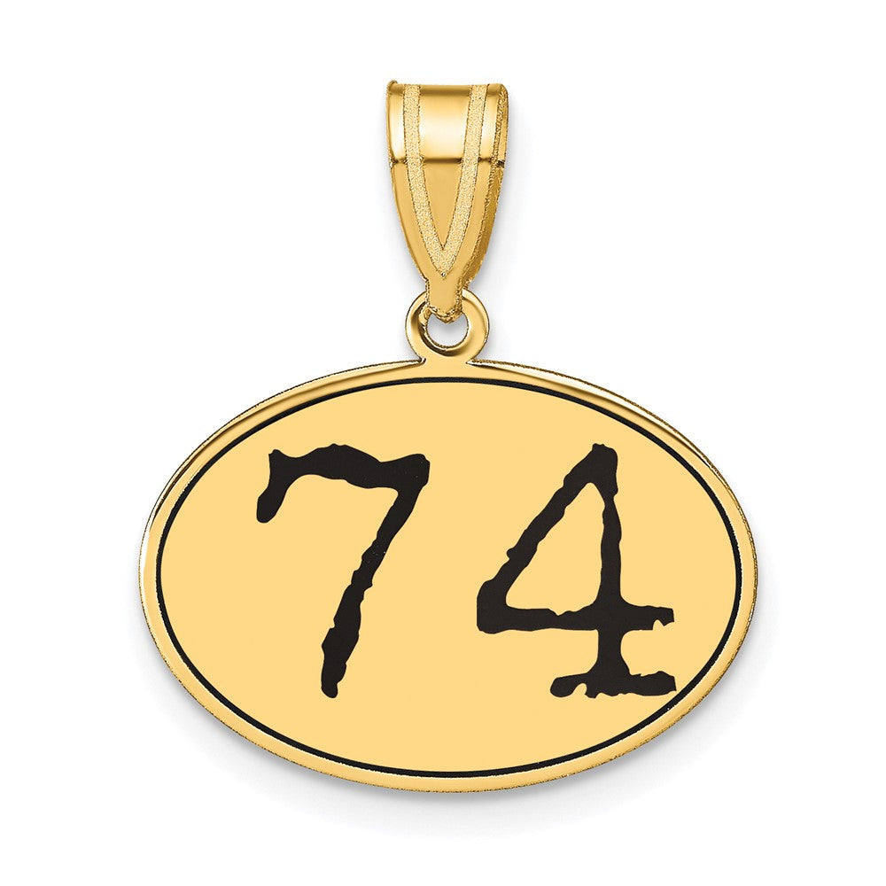 14K Gelbgold Polierter Anhänger Zahl 74 mit schwarzer Emaille, oval