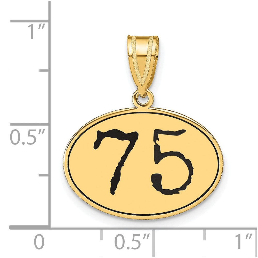 14K Gelbgold Anhänger, oval, poliert, mit schwarzer Emaille-Zahl „75“