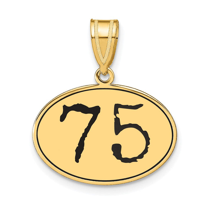14K Gelbgold Anhänger, oval, poliert, mit schwarzer Emaille-Zahl „75“