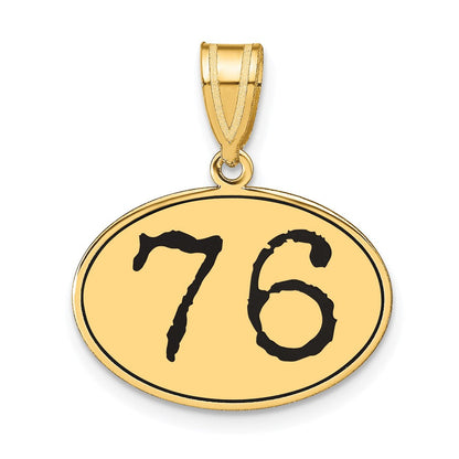 14K Gelbgold Poliert Zahl 76 Anhänger, oval, mit schwarzem Emaille