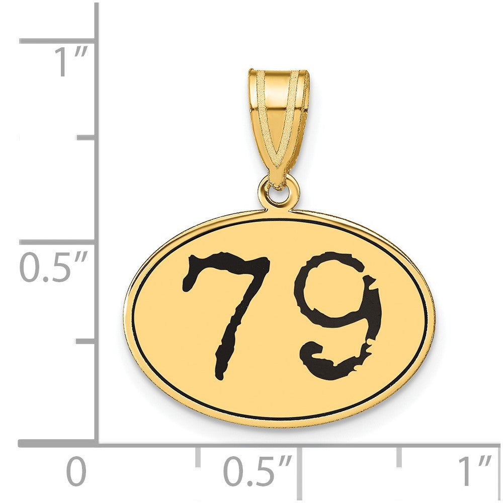 14K Gelbgold Polierter Anhänger Oval Nummer 79 mit schwarzer Emaille