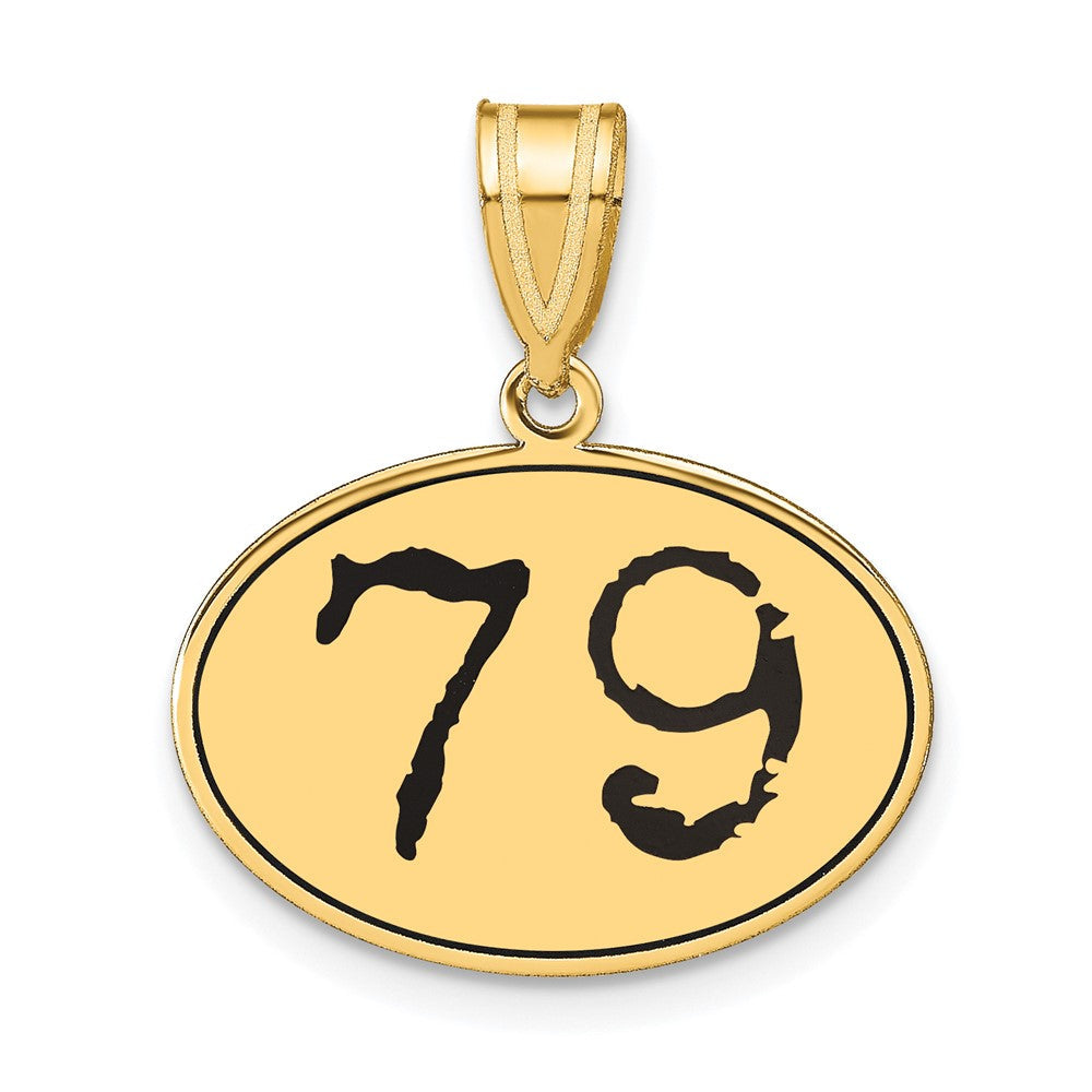 14K Gelbgold Polierter Anhänger Oval Nummer 79 mit schwarzer Emaille