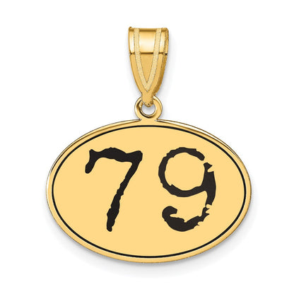 14K Gelbgold Polierter Anhänger Oval Nummer 79 mit schwarzer Emaille