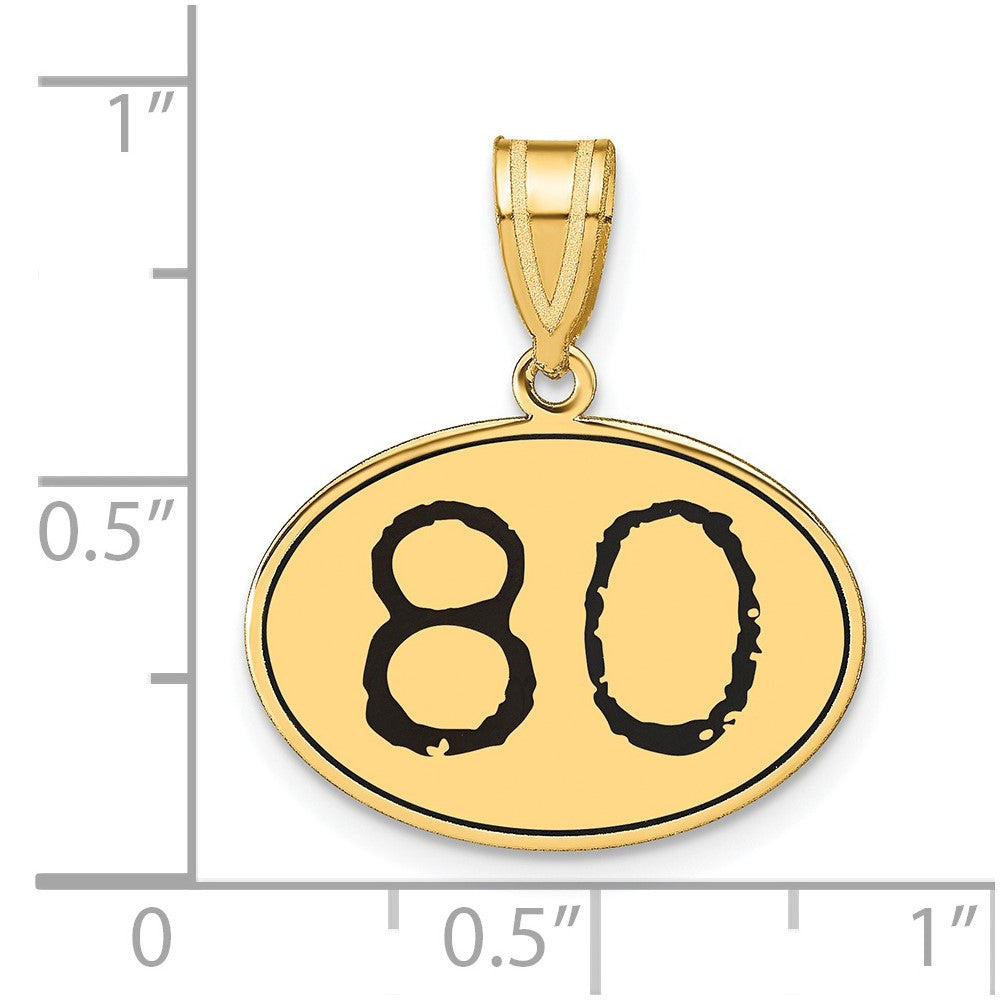 14K Gelbgold Anhänger, oval, poliert, mit schwarzer Emaille-Zahl „80