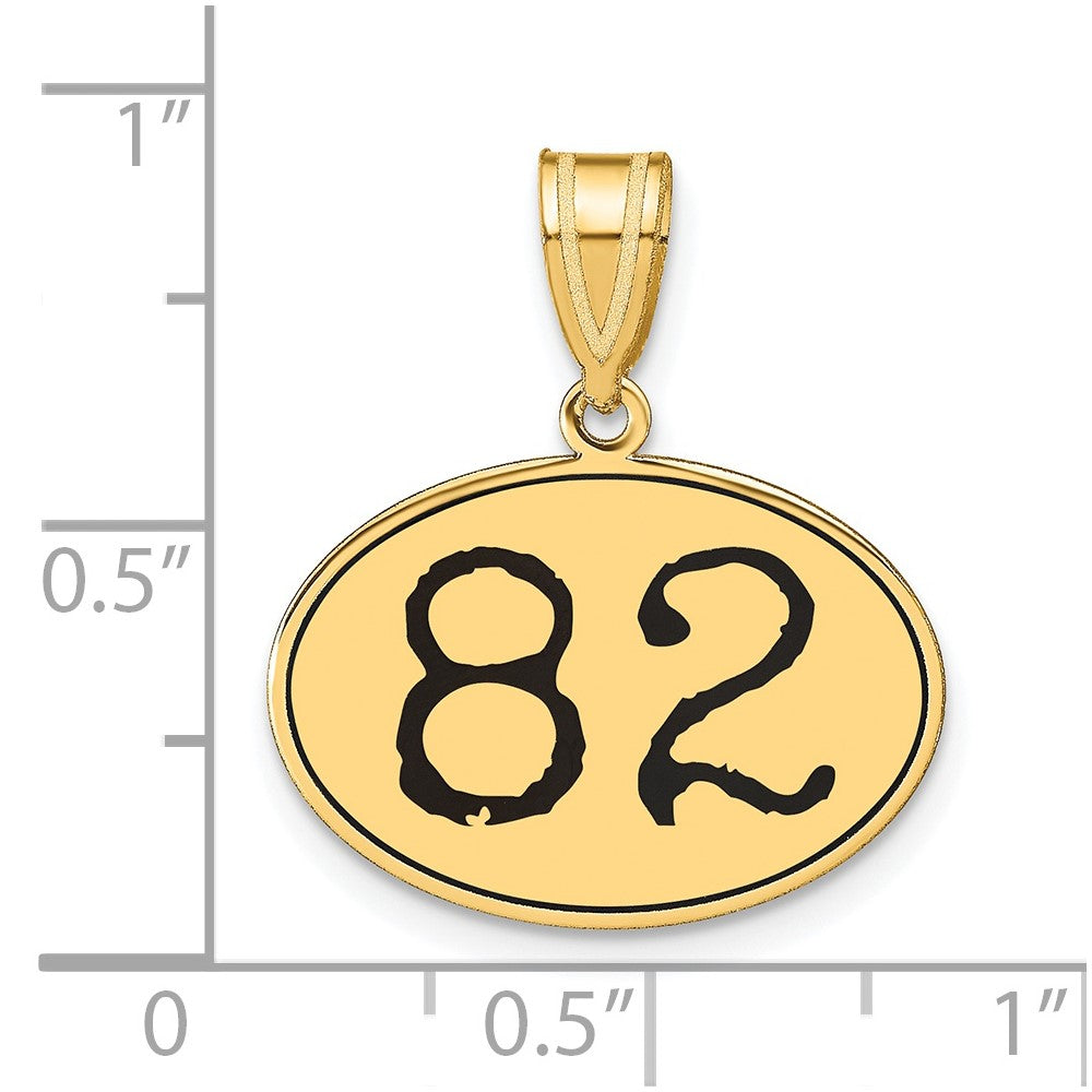 14K Gelbgold Polierter Anhänger Nummer 82 Oval mit schwarzer Emaille
