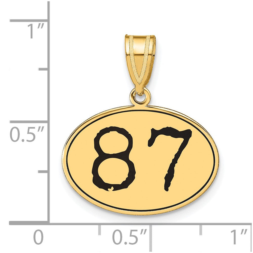 14K Gelbgold Polierter Ovaler Anhänger Nummer 87 mit Schwarzer Emaille