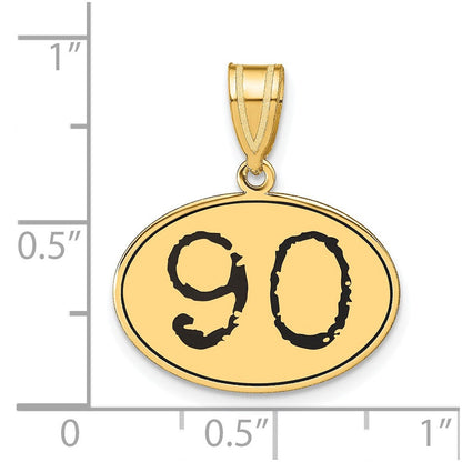 14K Gelbgold Poliert Zahl 90 Schwarz Emaille Oval Anhänger