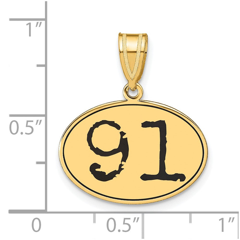 14K Gelbgold Polierter Anhänger Oval mit Zahl 91 in Schwarzer Emaille