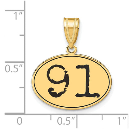 14K Gelbgold Polierter Anhänger Oval mit Zahl 91 in Schwarzer Emaille