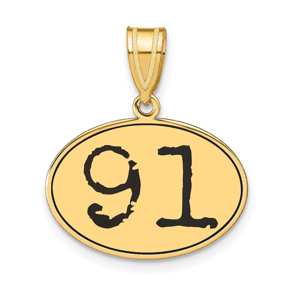 14K Gelbgold Polierter Anhänger Oval mit Zahl 91 in Schwarzer Emaille