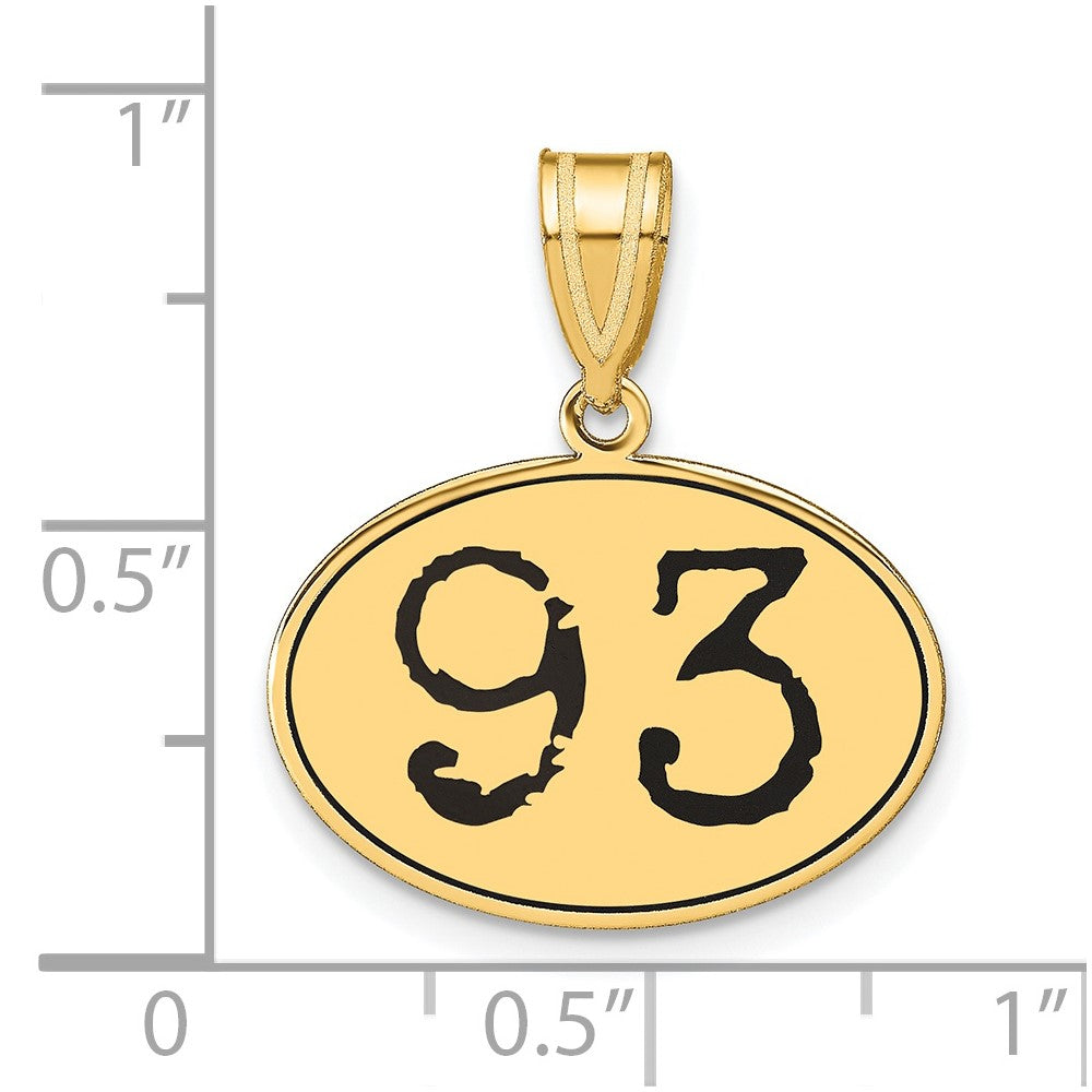 14K Gelbgold Polierter Anhänger Oval Zahl 93 mit schwarzer Emaille