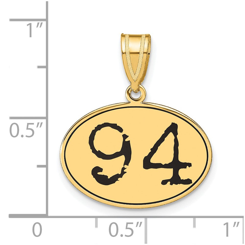 14K Gelbgold Anhänger, oval, poliert, mit schwarzem Emaille-Detail, Zahl 94