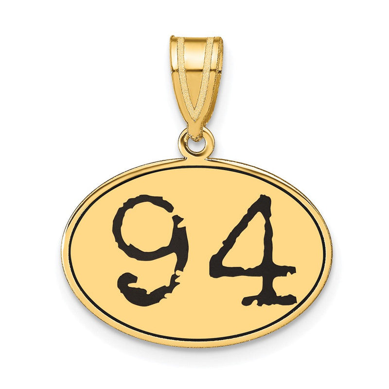14K Gelbgold Anhänger, oval, poliert, mit schwarzem Emaille-Detail, Zahl 94