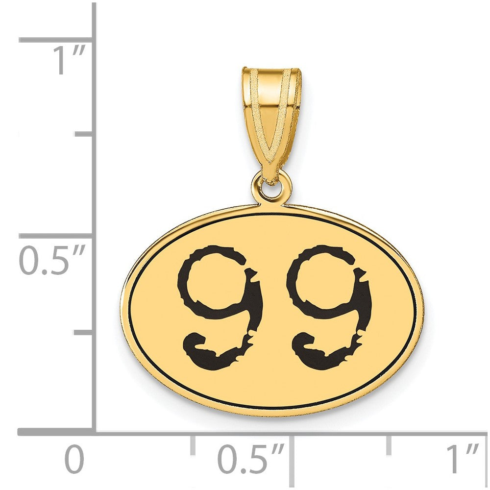 14K Gelbgold Polierter Anhänger Oval mit Zahl 99 in Schwarzem Emaille