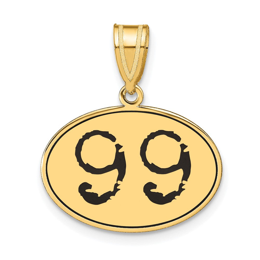14K Gelbgold Polierter Anhänger Oval mit Zahl 99 in Schwarzem Emaille
