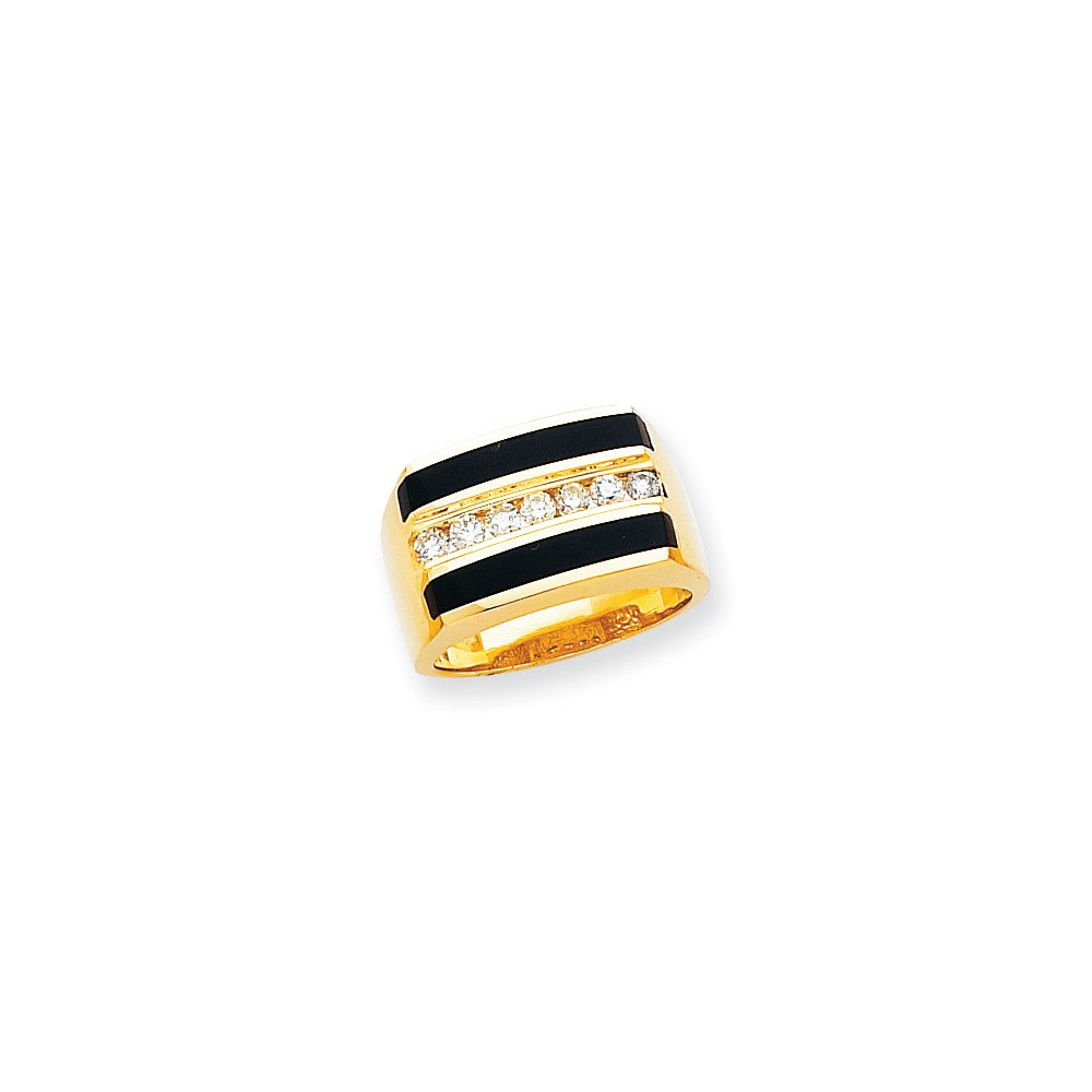 14K Gelbgold Herrenring mit flacher, polierter Oberseite, echten Diamanten und Onyx