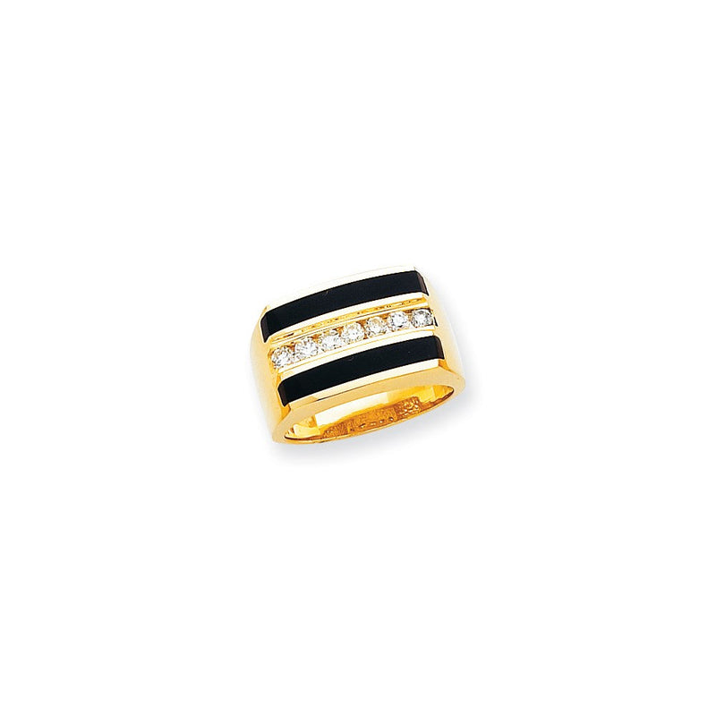 14K Gelbgold Herrenring mit flacher, polierter Oberseite, echten Diamanten und Onyx