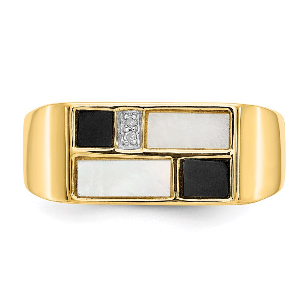14K Gelbgold Ring mit Onyx, Perlmutt und A Qualität Diamant für Herren
