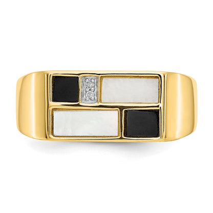 14K Gelbgold Ring mit Onyx, Perlmutt und A Qualität Diamant für Herren