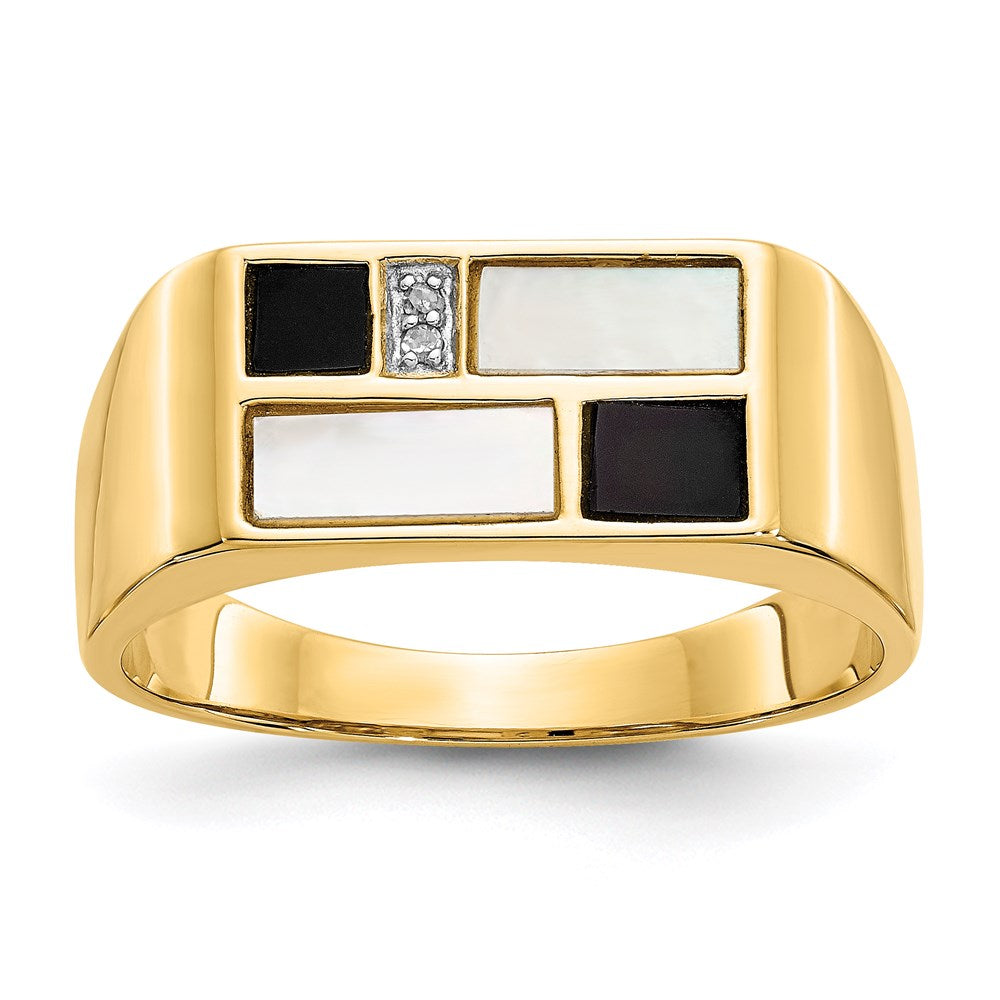 14K Gelbgold Ring mit Onyx, Perlmutt und A Qualität Diamant für Herren