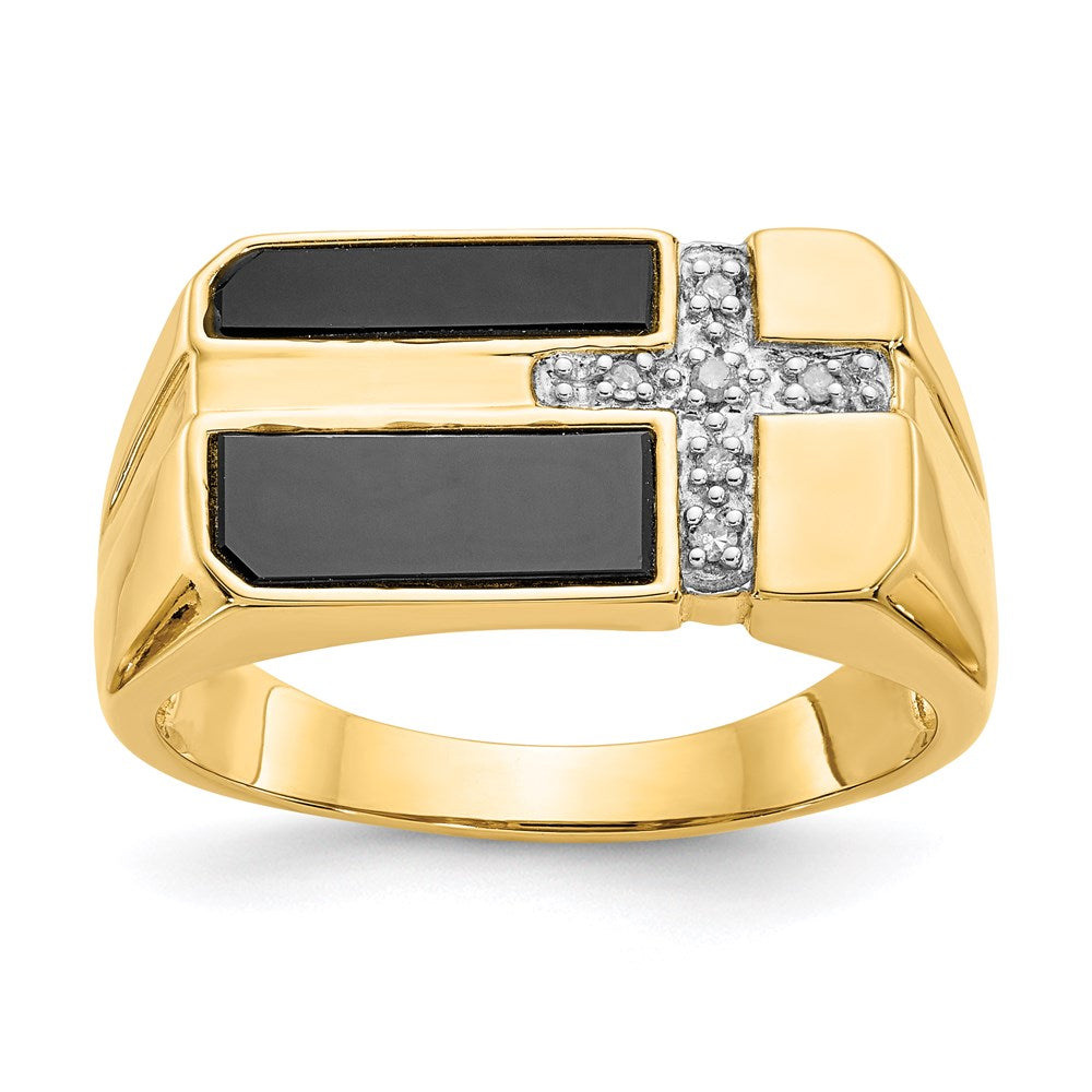 14K Gelbgold Herren-Kreuzring mit Onyx und echten Diamanten