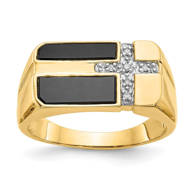 14K Gelbgold Herren-Kreuzring mit Onyx und echten Diamanten