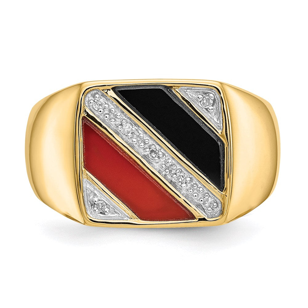 14K Gelbgold Herren-Ring mit Onyx, roter Achat und echten Diamanten
