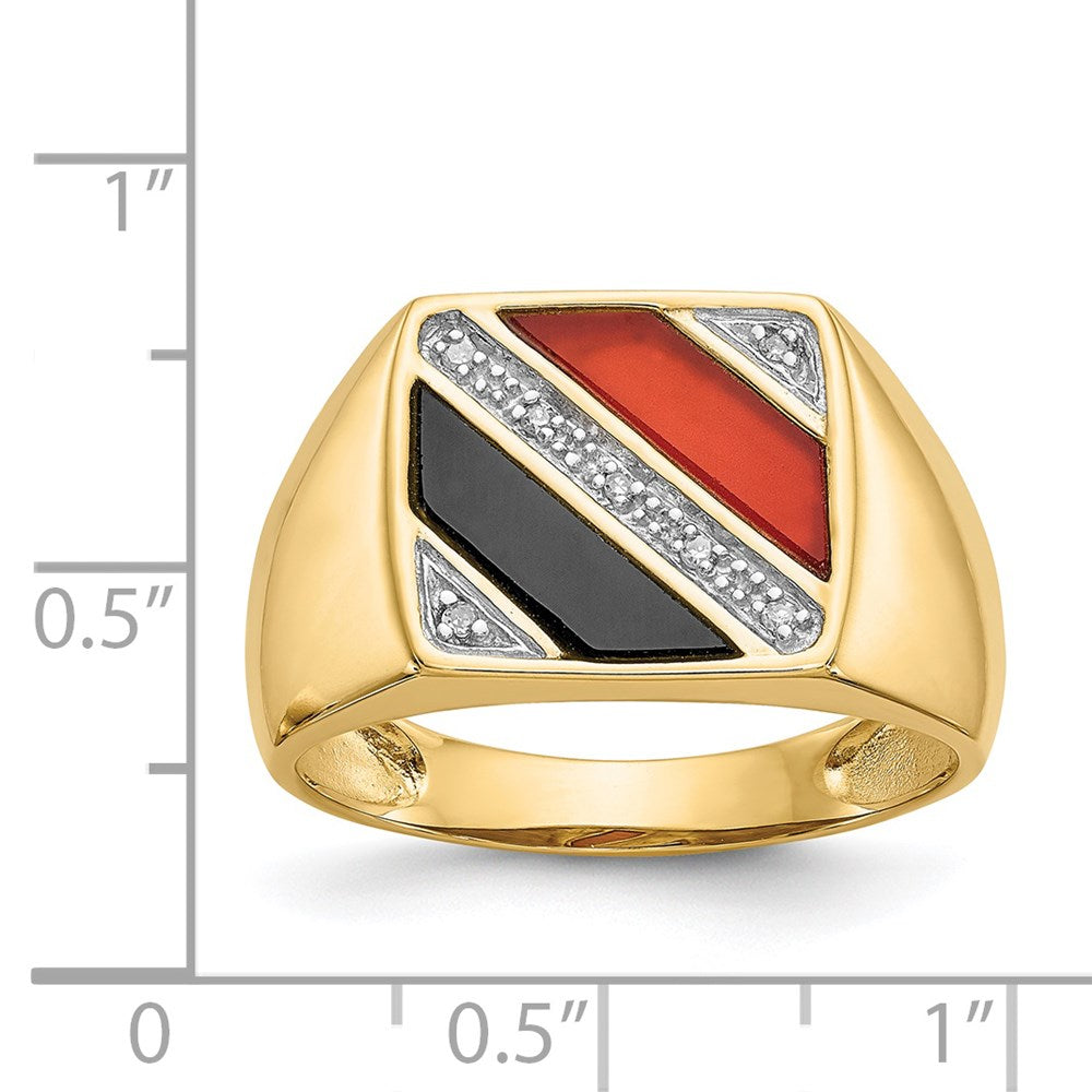 14K Gelbgold Herren-Ring mit Onyx, roter Achat und echten Diamanten