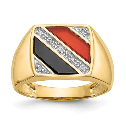 14K Gelbgold Herren-Ring mit Onyx, roter Achat und echten Diamanten