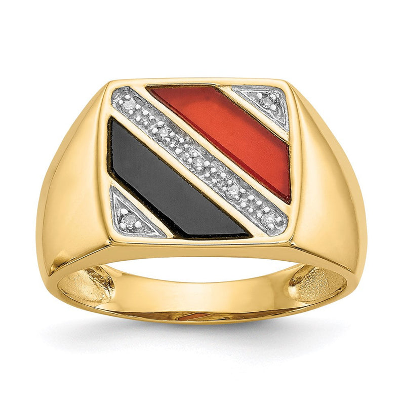 14K Gelbgold Herren-Ring mit Onyx, roter Achat und echten Diamanten