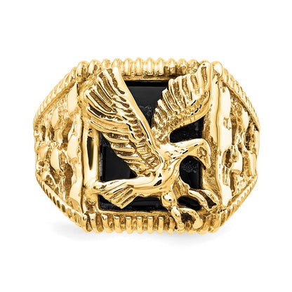Massiv 14K Gelbgold Herren Synthetisch Onyx Adler Ring
