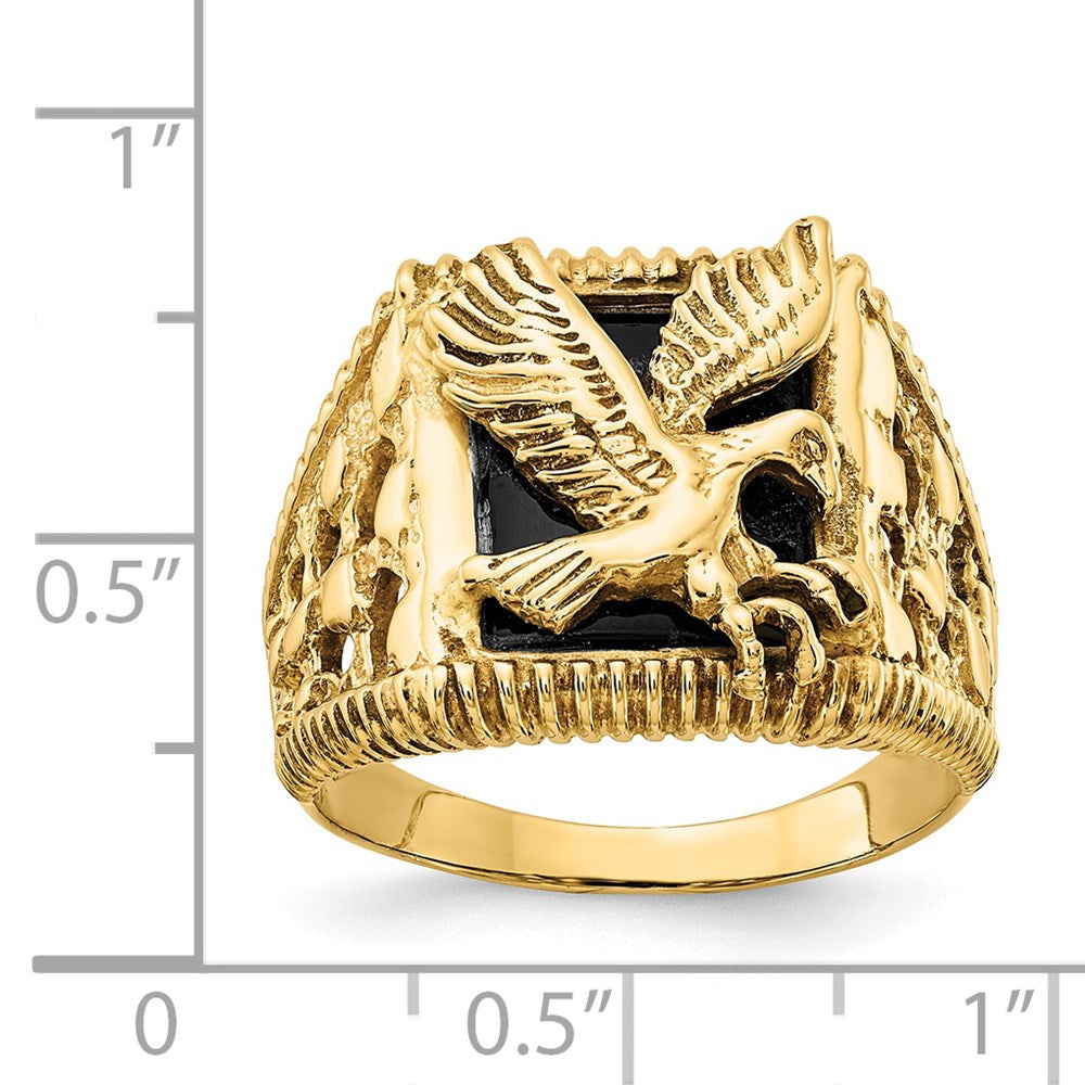 Massiv 14K Gelbgold Herren Synthetisch Onyx Adler Ring