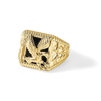 Massiv 14K Gelbgold Herren Synthetisch Onyx Adler Ring