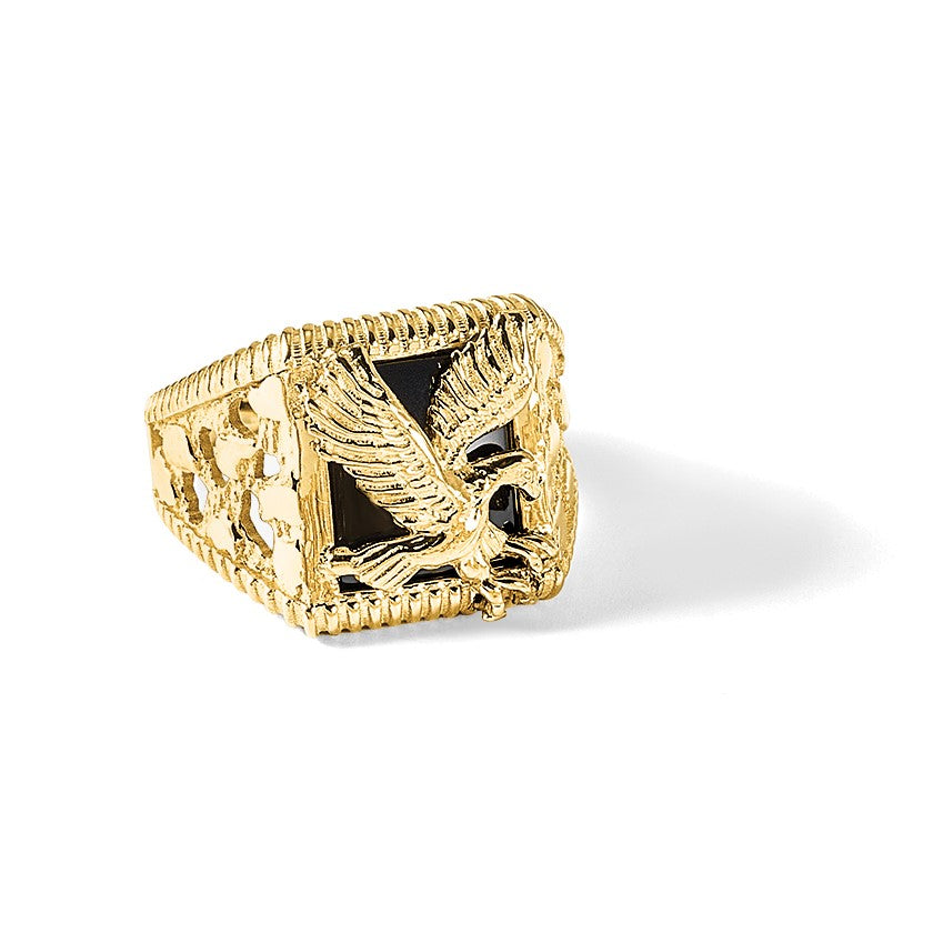 Massiv 14K Gelbgold Herren Synthetisch Onyx Adler Ring