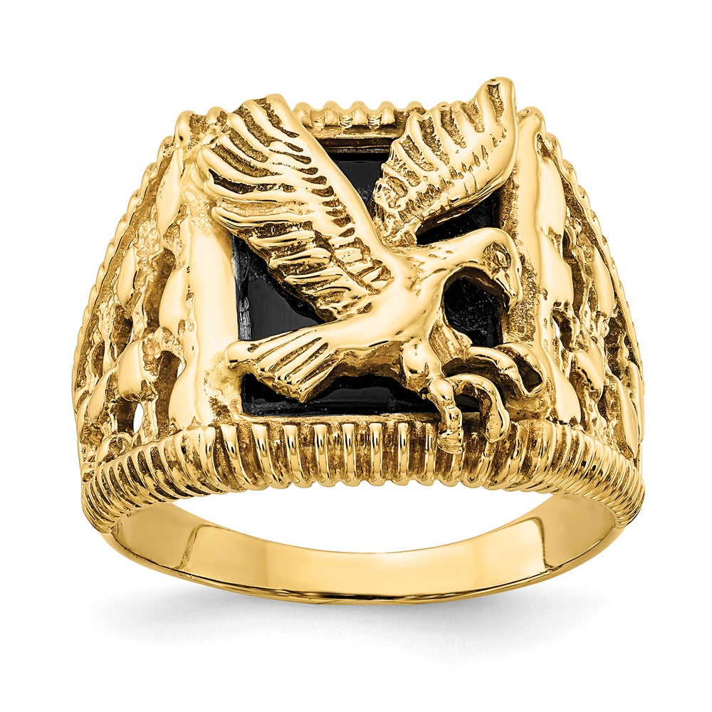 Massiv 14K Gelbgold Herren Synthetisch Onyx Adler Ring