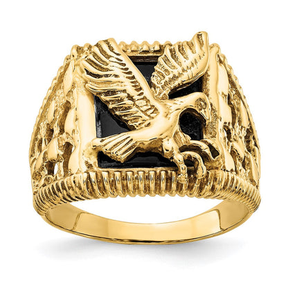 Massiv 14K Gelbgold Herren Synthetisch Onyx Adler Ring