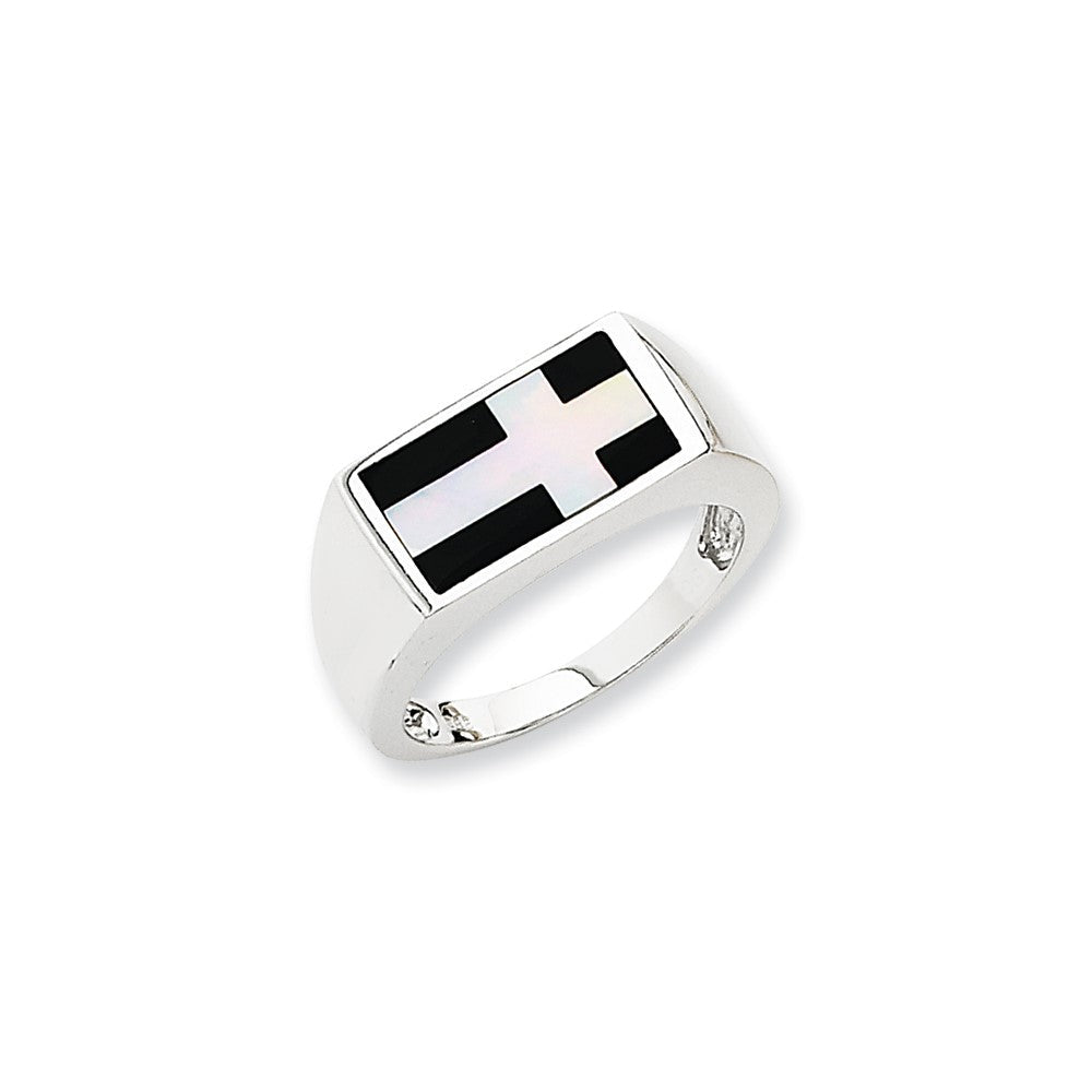 14K Weißgold Ring mit Onyx und weißem Achat in Kreuzform