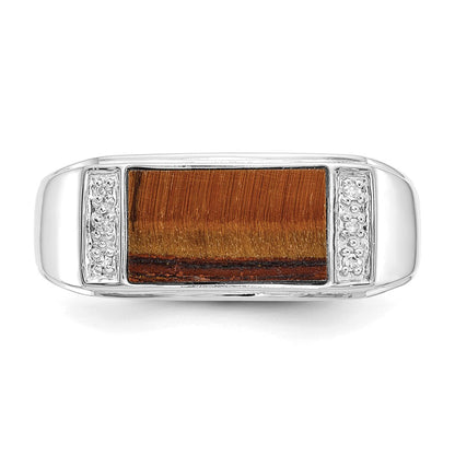 14K Weißgold Ring mit Tigerauge und echten Diamanten in A-Qualität für Herren