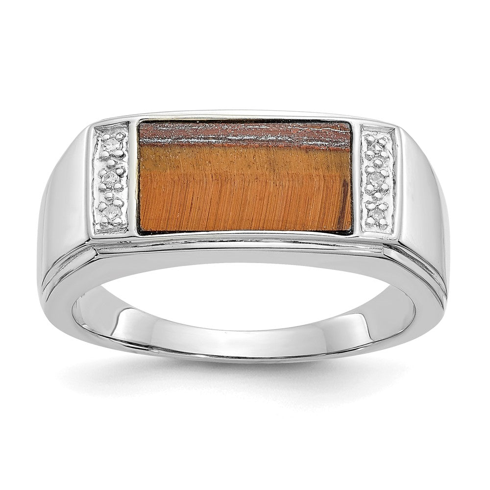14K Weißgold Ring mit Tigerauge und echten Diamanten in A-Qualität für Herren