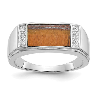 14K Weißgold Ring mit Tigerauge und echten Diamanten in A-Qualität für Herren