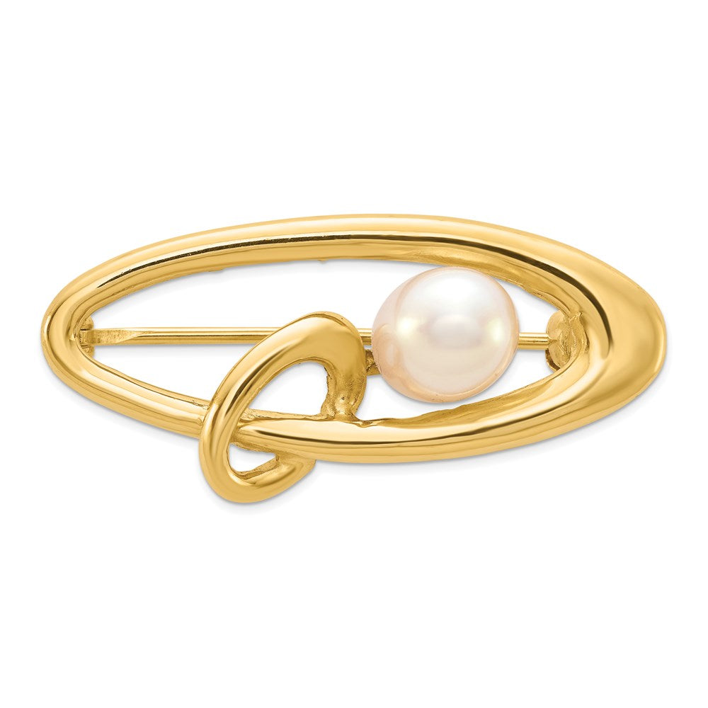14K Gelbgold Poliert Oval mit 5-6mm Weiß Rice Süßwasser Zuchtperle Brosche