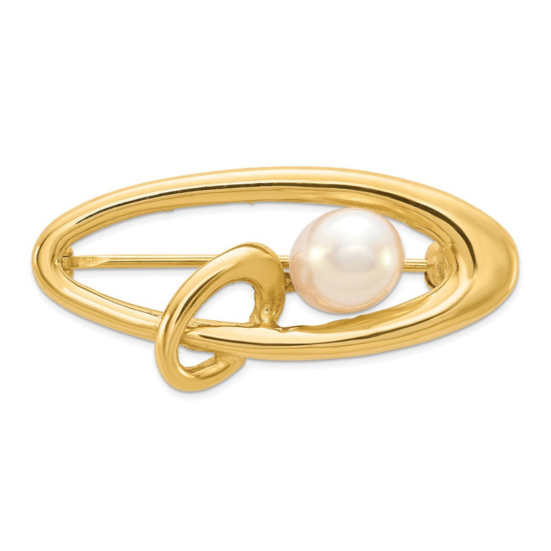 14K Gelbgold Poliert Oval mit 5-6mm Weiß Rice Süßwasser Zuchtperle Brosche